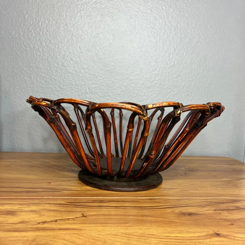Vintage Bent Bamboo Wood Fruit Basket Boho Centerpiece Tiki Coastal MCM Eclectic